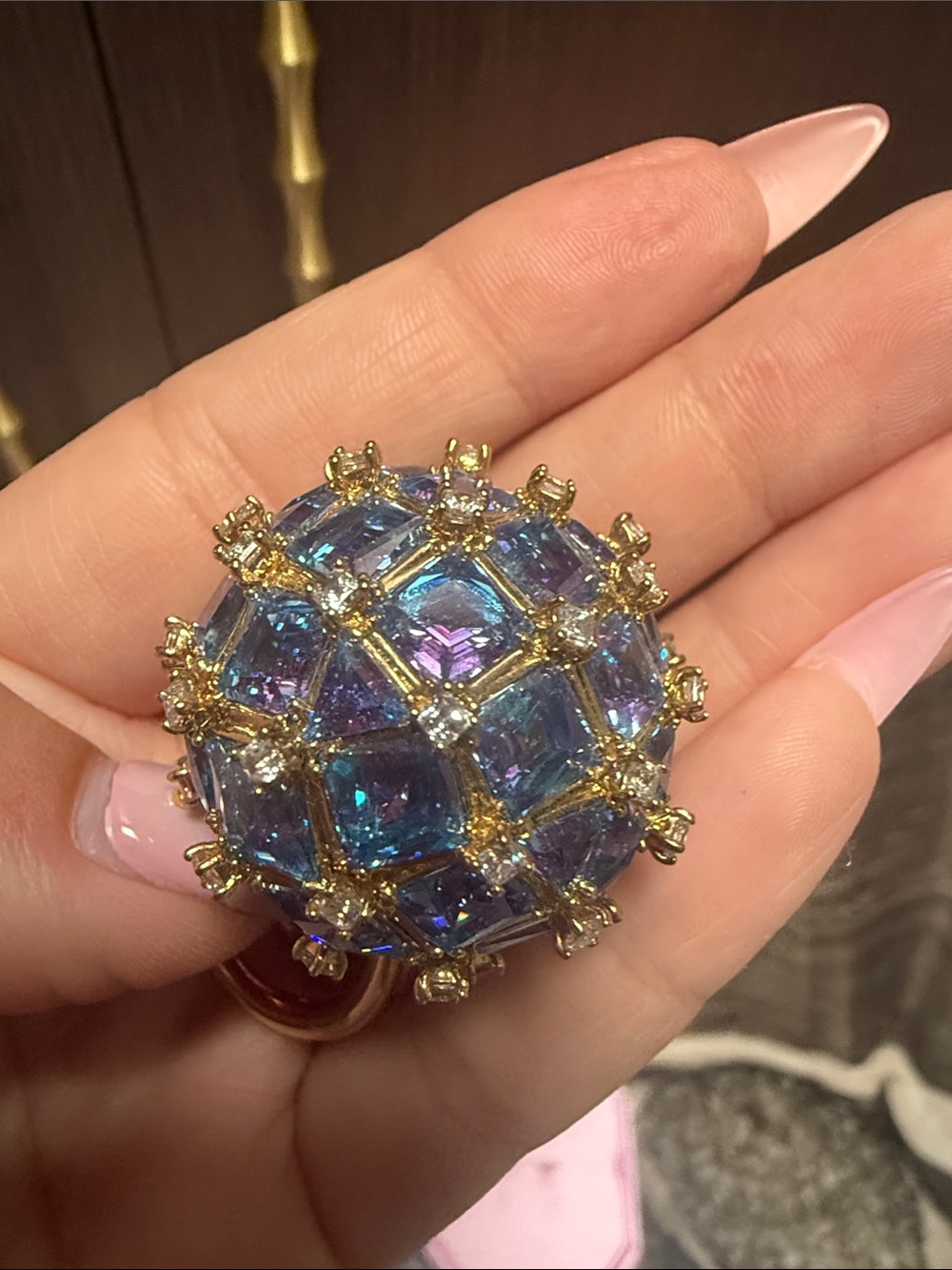Swarovski Gold Ring with Iridescent Blue-Purple Crystal Dome - Picture 17 of 17